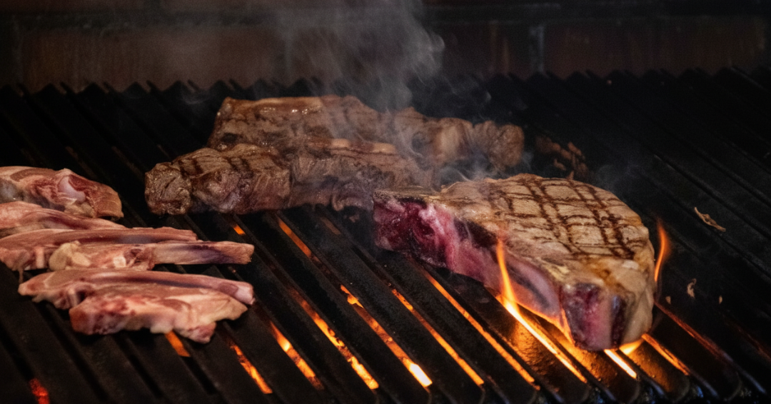 Fuego y brasas en la parrilla del asador D’Madrid en Madrid